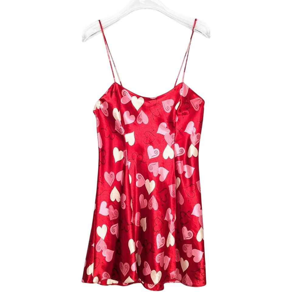 Morgan Taylor Intimates Vintage Red Heart Print Satin Slip Dress Nightie Size S